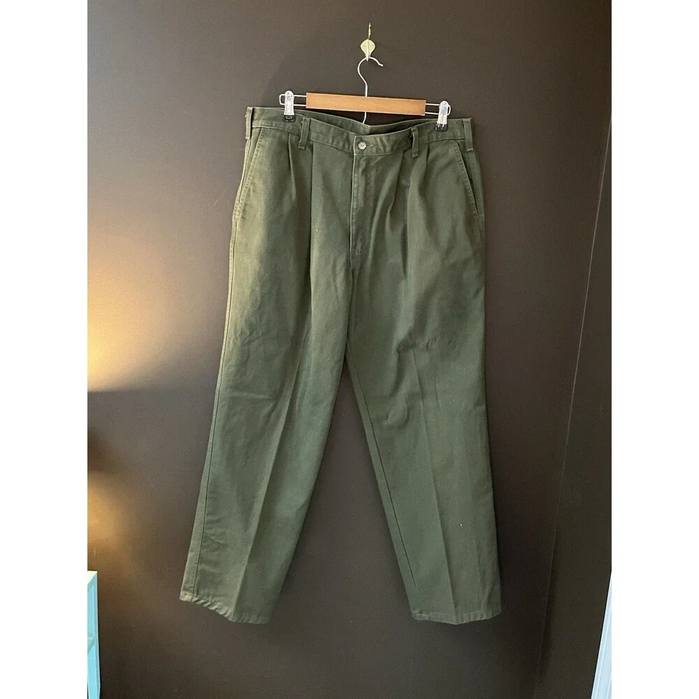 VTG Y2K Carhartt WIP Pleated Pants Mens Olive Green Canvas Chino Trousers 36/30